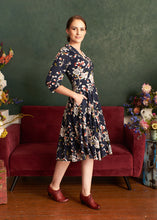 Load image into Gallery viewer, Lavender Navy & Cream Floral 3/4 Sleeve Dress
