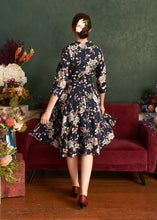 Load image into Gallery viewer, Lavender Navy & Cream Floral 3/4 Sleeve Dress
