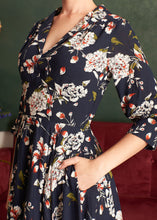 Load image into Gallery viewer, Lavender Navy & Cream Floral 3/4 Sleeve Dress