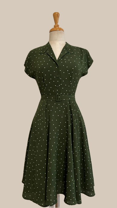 Manette Dark Olive Green & Cream Dots Dress