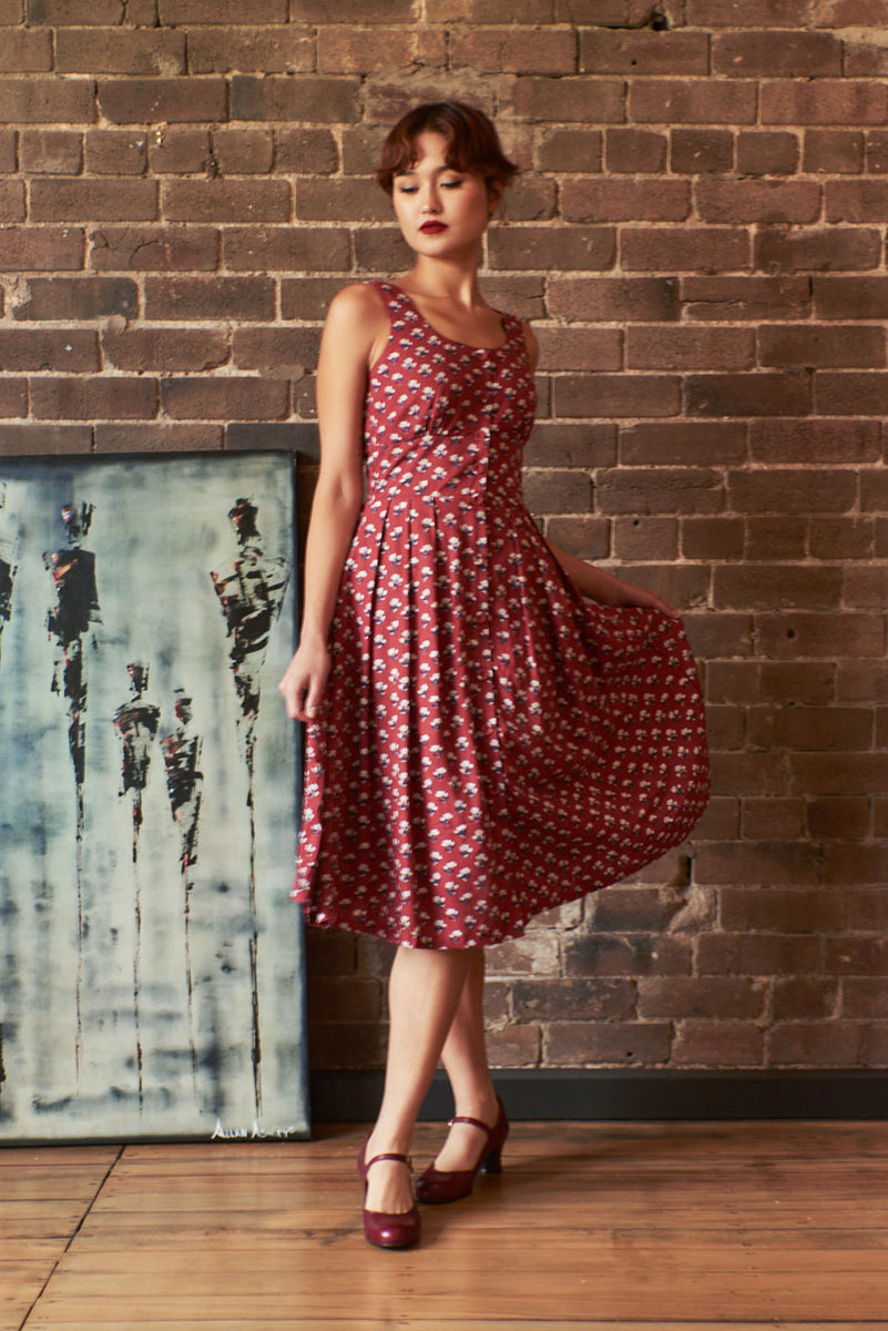 Iva Burgundy & Cream Floral Linen Dress – Elise Design