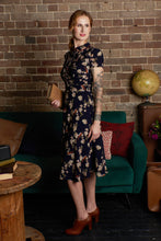 Load image into Gallery viewer, Peach Rose Navy & Orange Birds Dress