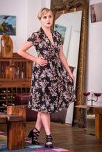 Load image into Gallery viewer, Grace Kelly Black &amp; Blue Floral Dress