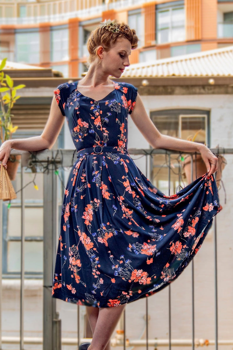 Tuscan Navy & Orange Floral Dress – Elise Design Tuscan Navy & Orange Floral Dress – Elise Design