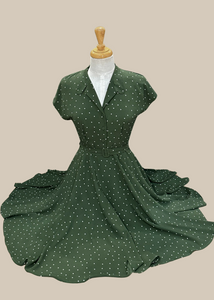 Manette Dark Olive Green & Cream Dots Dress