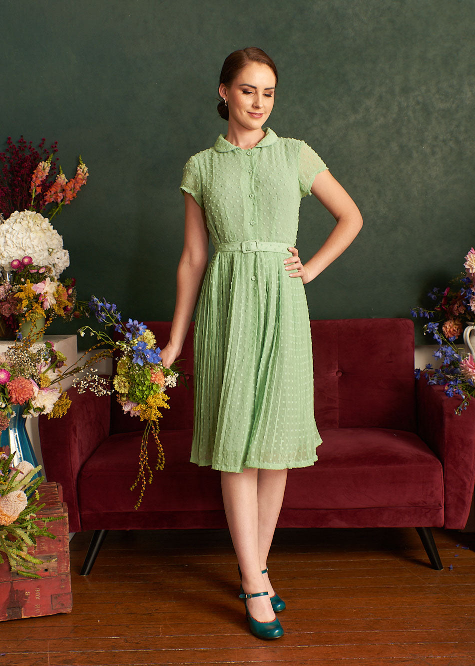 Camille Pastel Green Dots Dress – Elise Design