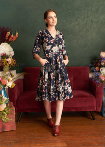 Lavender Navy & Cream Floral 3/4 Sleeve Dress