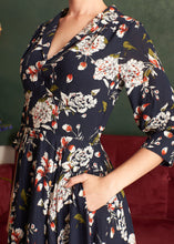 Load image into Gallery viewer, Lavender Navy &amp; Cream Floral 3/4 Sleeve Dress