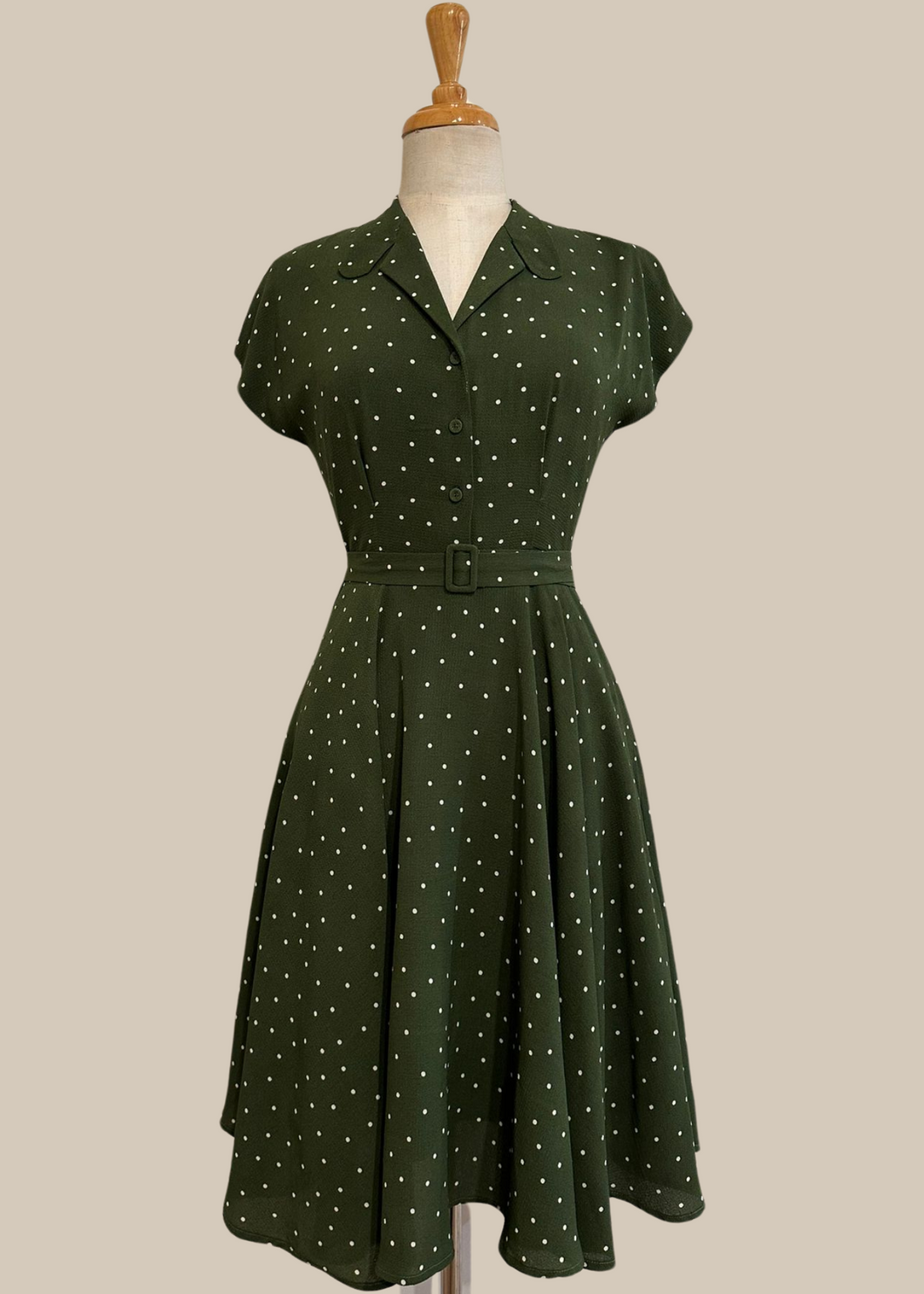 Manette Dark Olive Green & Cream Dots Dress