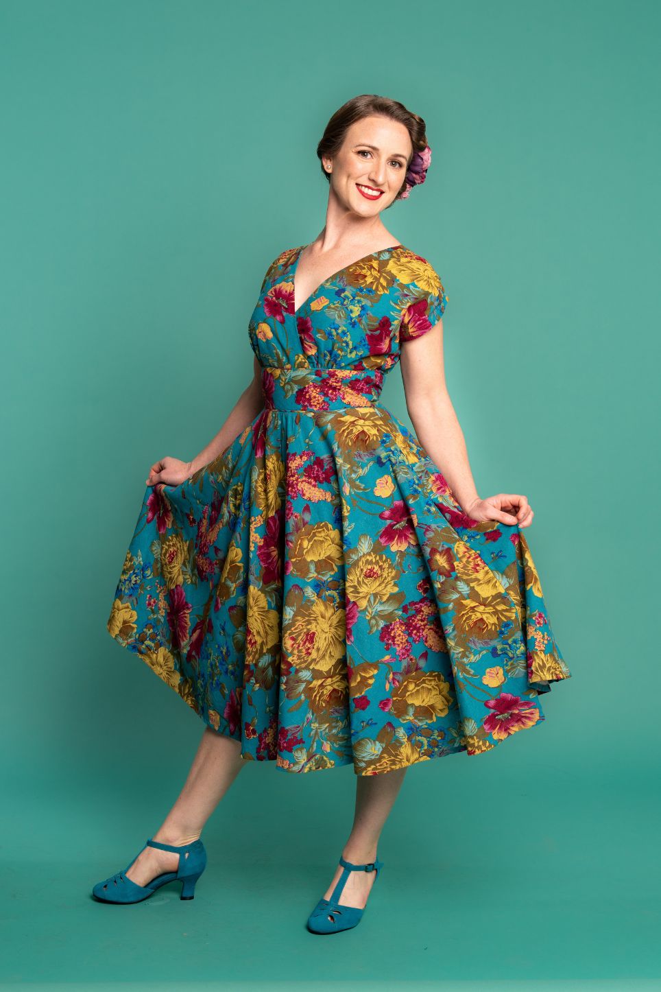 Viola Teal Floral Linen Dress