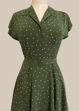 Load image into Gallery viewer, Manette Dark Olive Green &amp; Cream Dots Dress