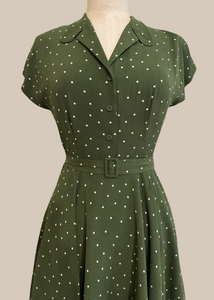 Manette Dark Olive Green & Cream Dots Dress