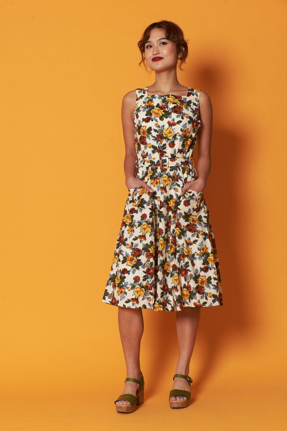 Bee Mustard & Burgundy Rose Dress – Elise Design