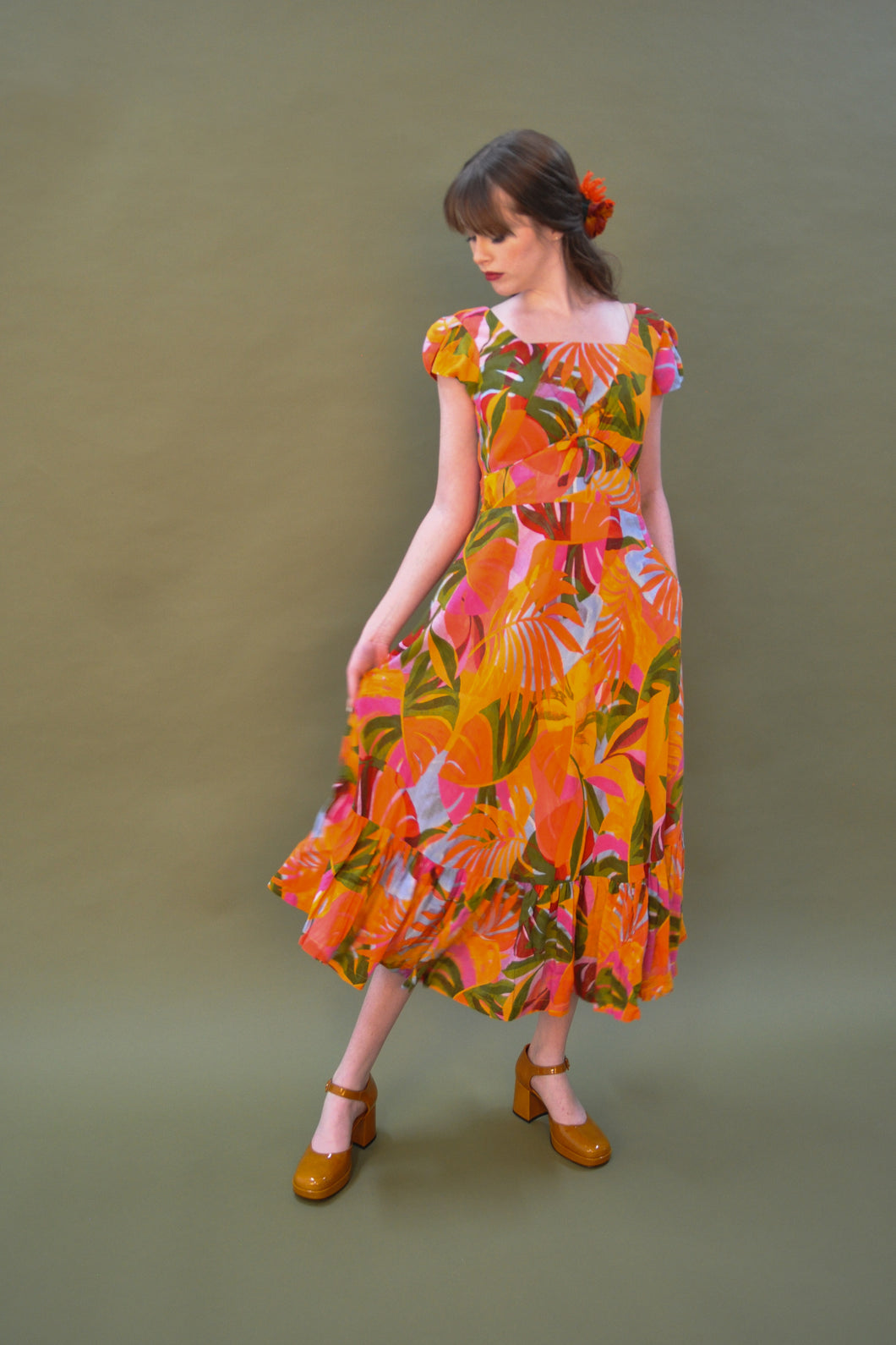 Astrid Green & Orange Tropical Floral Dress