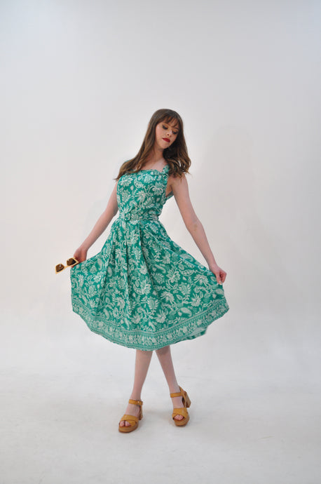 Green Paisley Floral Linen Dress