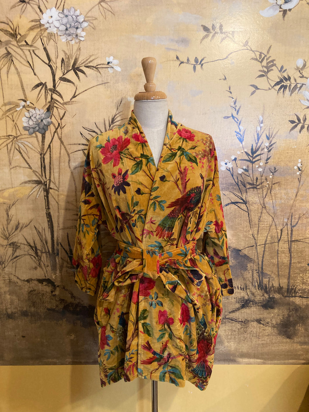 Hand Printed Floral Velvet Kimono - Mustard