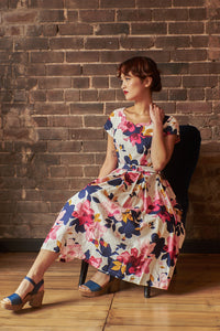 Laura Fuchsia & Navy Floral Linen Dress