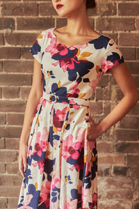 Laura Fuchsia & Navy Floral Linen Dress