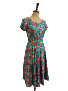 Laura Turquoise & Pink Linen Floral Dress