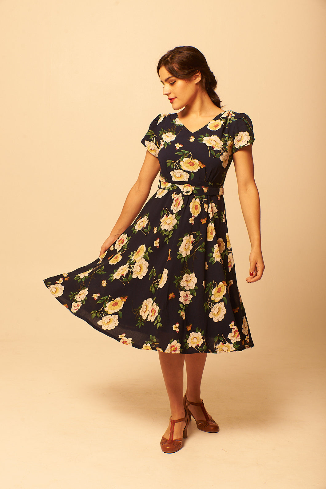 Sadie Navy & Cream Peonies Floral Dress