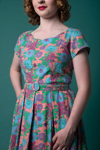 Laura Turquoise & Pink Linen Floral Dress