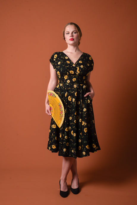 Viola Black & Mustard Linen Floral Dress