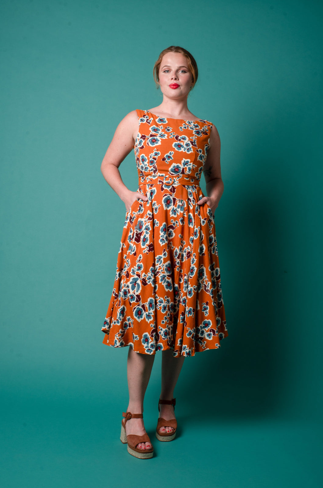 Maeve Orange & Blue Linen Floral Dress