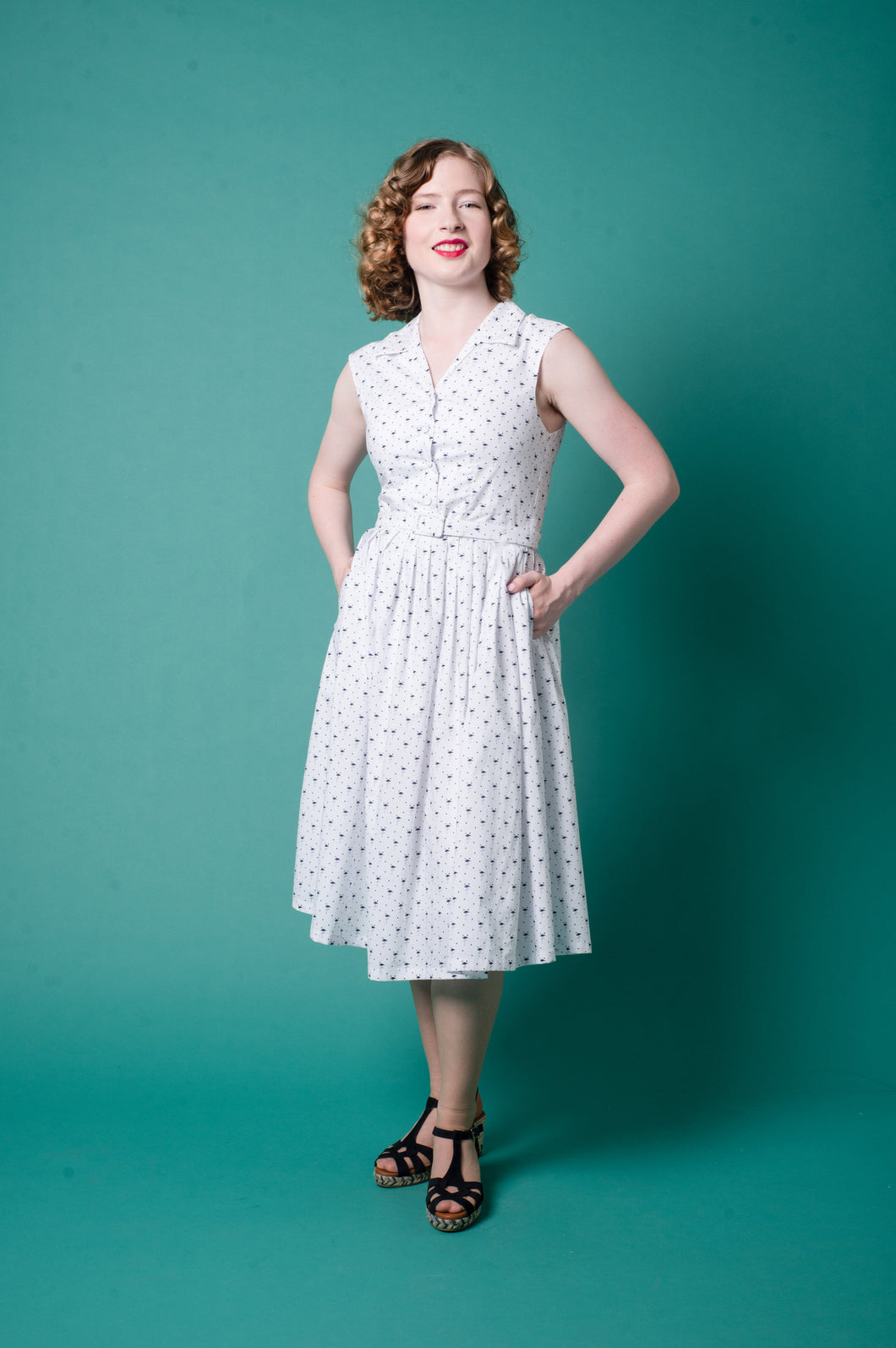 Charlotte Cream & Navy Flamingo Dress