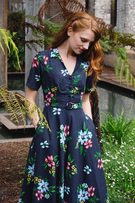Ally Navy Denim Floral Dress