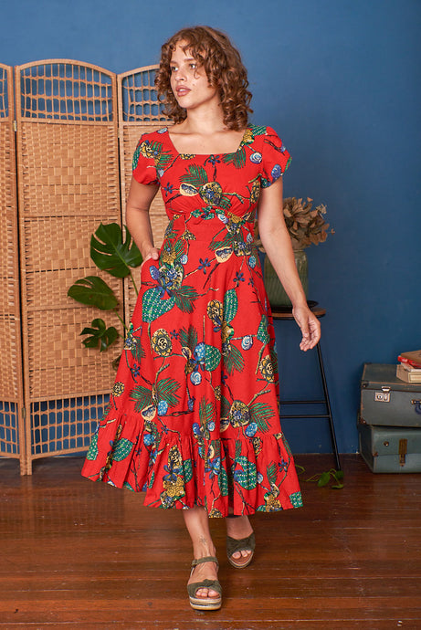 Astrid Red Tropical Linen Dress