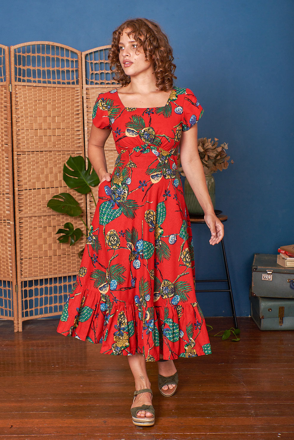 Astrid Red Tropical Linen Dress Elise Design