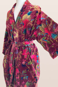 Hand Printed Floral Velvet Kimono - Burgundy