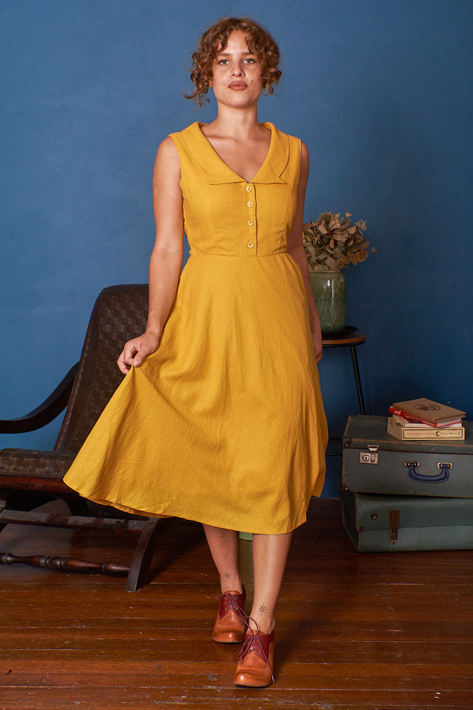 Evangeline Mustard Linen Dress Elise Design Evangeline Mustard Linen Dress Elise Design