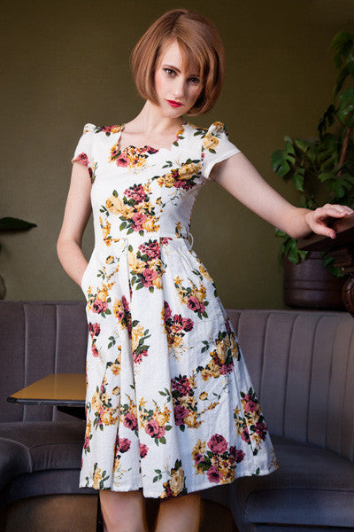 Scalloped Neckline Mustard/Pink Dress – Elise Design