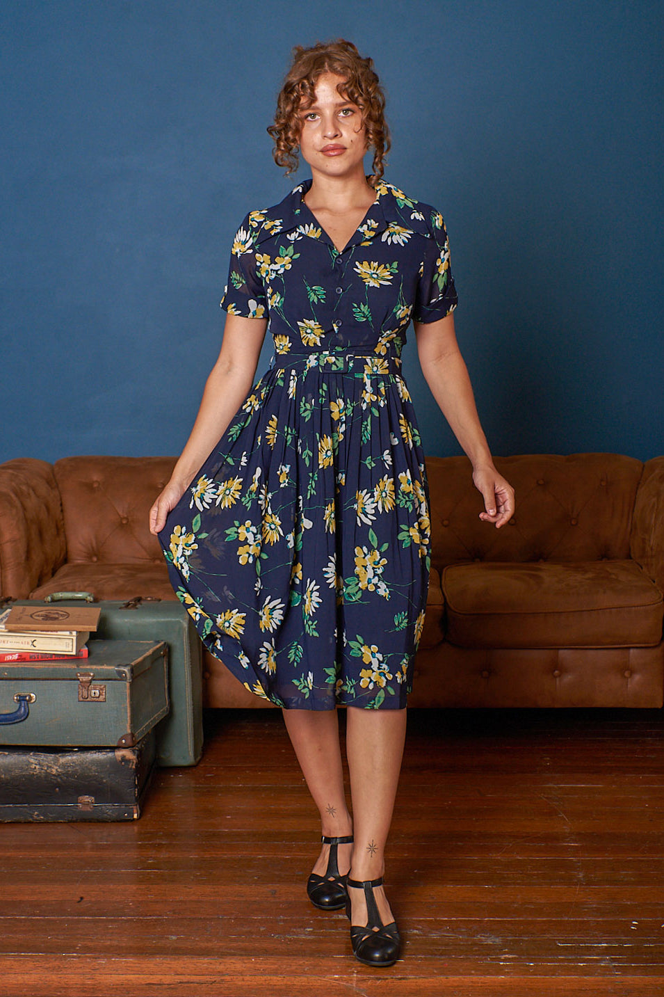 Odette Navy & Mustard Floral Dress  Elise Design