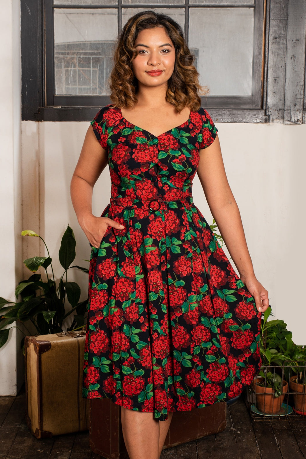 Tuscan Red & Green Hydrangea Floral Dress