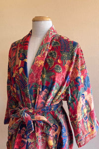 Hand Printed Floral Velvet Kimono - Red