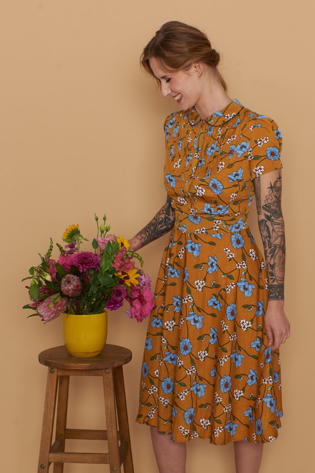 Peach Rose Mustard & Turquoise Floral Dress
